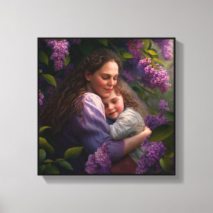 Moeder en kind onder een Lila Struik Canvas Afdruk