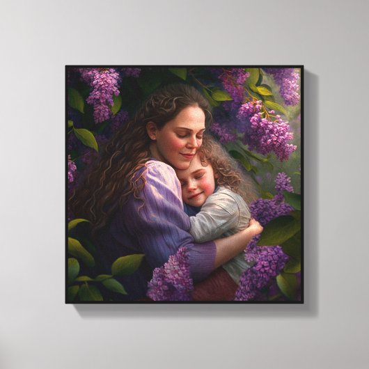 Moeder en kind onder een Lila Struik Canvas Afdruk (Voorkant)