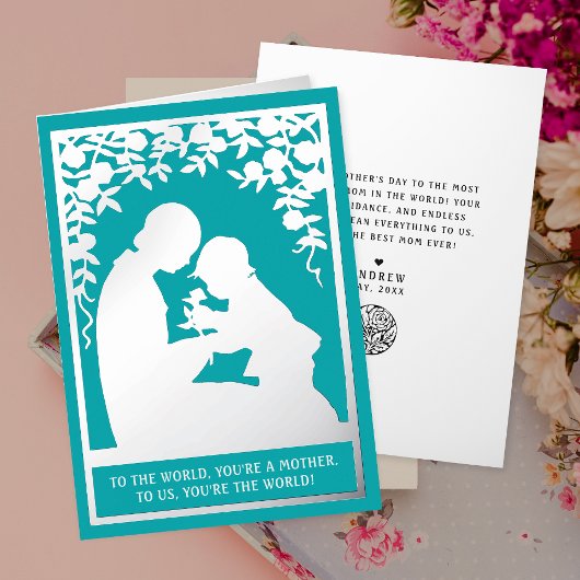  moeder en kind Roos turquoise bloemen Folie Feestdagenkaart