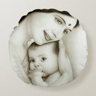 Moeder en Kind: Waterverf Omarm Kunst Print Rond Kussen