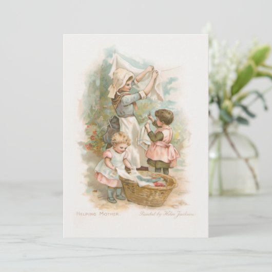  moeder en kinderen die wasgoed hangen feestdagenkaart