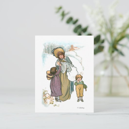  moeder en kinderen op sneeuw feestdagenkaart (Staand voorkant)