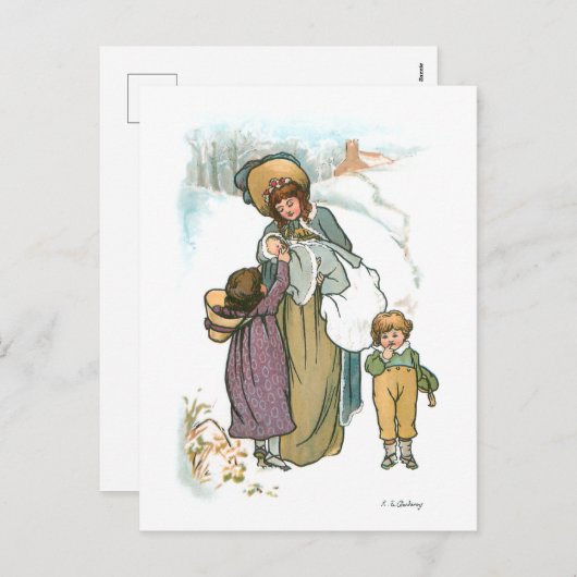 moeder en kinderen op sneeuw feestdagenkaart (Voorkant / Achterkant)