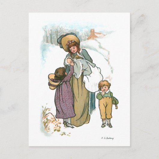  moeder en kinderen op sneeuw feestdagenkaart (Voorkant)