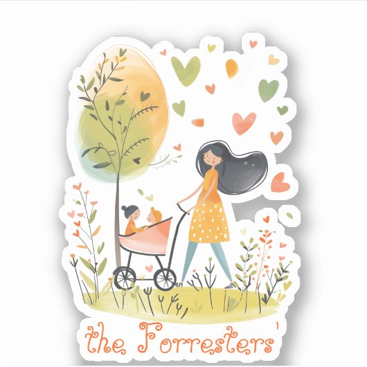 Moeder en tweeling op kinderwagen sticker (Voorkant)