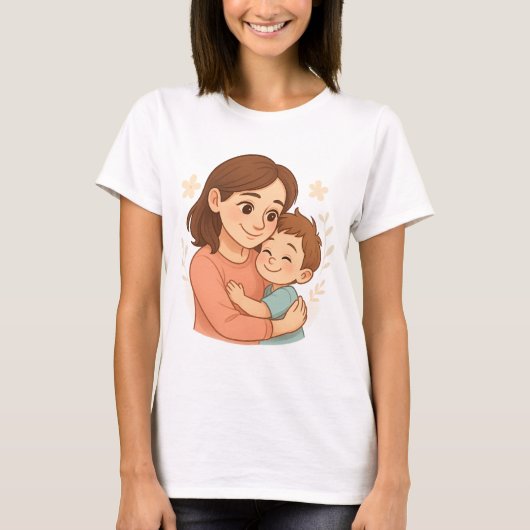 Moeder en zoon knuffelen Cartoon T-shirt Schattige (Voorkant)