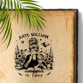 Moeder en zoon met boek Custom ex libris Zelfinktende Stempel