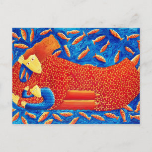 Moeder en zoon met goudvis modern kunstschilderij briefkaart