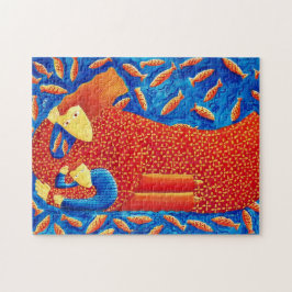 Moeder en zoon met goudvis Moderne kunst schildere Legpuzzel