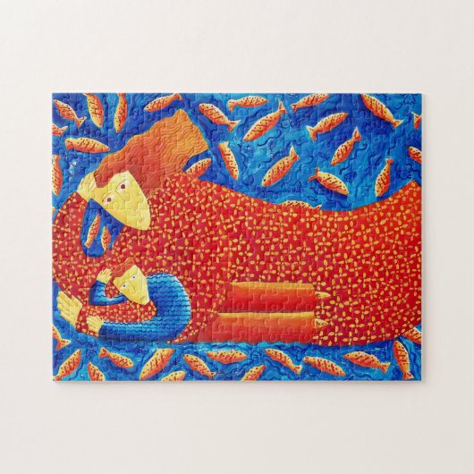Moeder en zoon met goudvis Moderne kunst schildere Legpuzzel (Horizontaal)