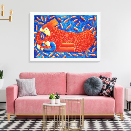 Moeder en zoon met goudvis schilderen canvas afdruk (Insitu (Woonkamer))