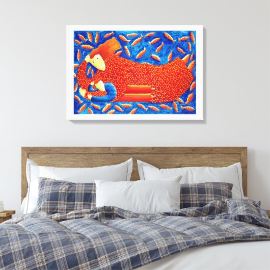 Moeder en zoon met goudvis schilderen canvas afdruk (Insitu (Slaapkamer))