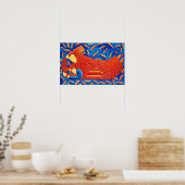 Moeder en zoon met goudviskunstprint poster (Keuken)