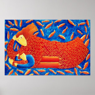 Moeder en zoon met goudviskunstprint poster