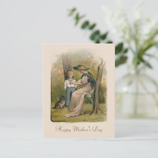  moeder en zoon met puppy feestdagenkaart (Staand voorkant)