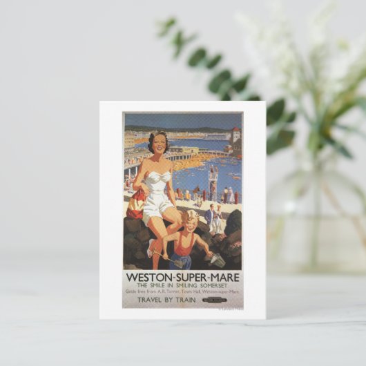 Moeder en zoon op het strand Poster Briefkaart (Staand voorkant)