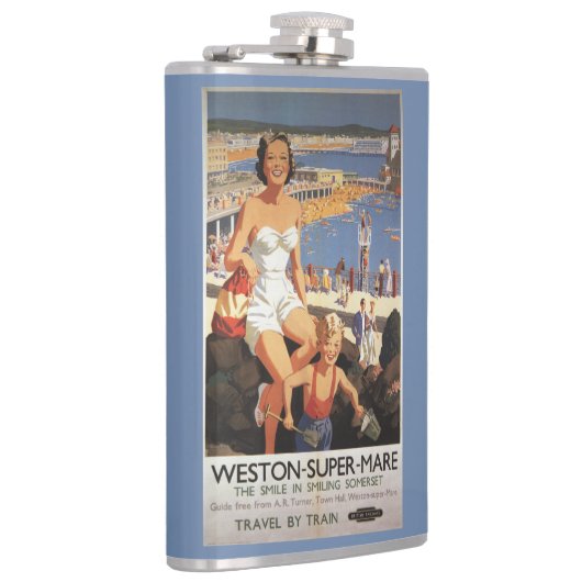 Moeder en zoon op het strand Poster Heupfles (Rechts)