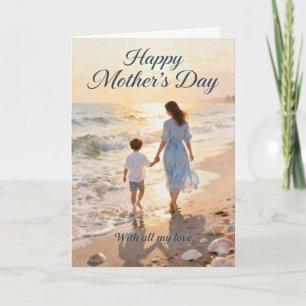 Moeder en zoon strandwandeling Moederdag Feestdagen Kaart