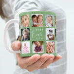 Moeder foto collage salie groen koffiemok<br><div class="desc">Een cadeau voor je moeder,  haar leven vieren met een collage van 14 foto's. Witte tekst: Beste mama ooit. Personaliseer en gebruik je eigen foto's van haar,  kinderen,  man,  huisdieren,  vrienden. Sage groene achtergrond. Perfect als Moederdag cadeau,  voor verjaardagen en kerst.</div>
