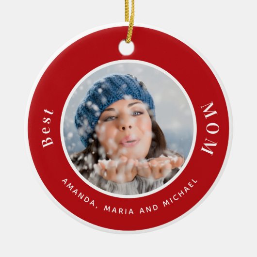 Moeder foto rode witte namen keramisch ornament (Voorkant)