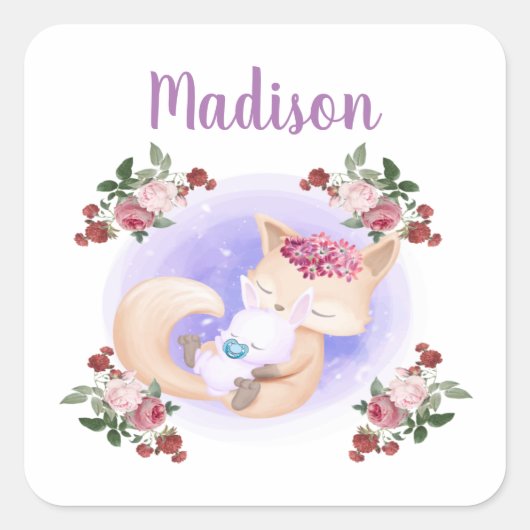 Moeder Fox Hug Baby Bunny Rabbit Vierkante Sticker (Voorkant)