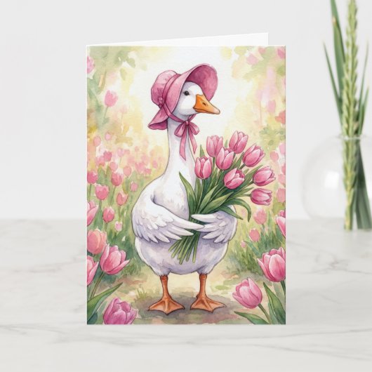 Moeder Gans Met Roze Tulpen Kaart (Voorkant)
