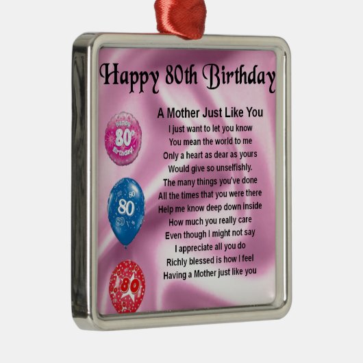 Moeder gedicht - 80e verjaardag metalen ornament (Rechts)