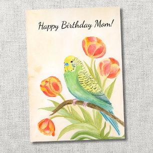 Moeder Gefeliciteerd Verjaardag Parkiet met Tulpen Kaart