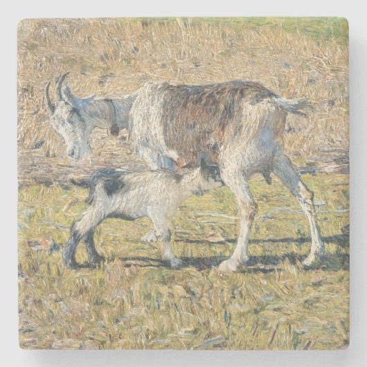Moeder Geit met haar Jong Kind (door Segantini) Stenen Onderzetter (Voorkant)