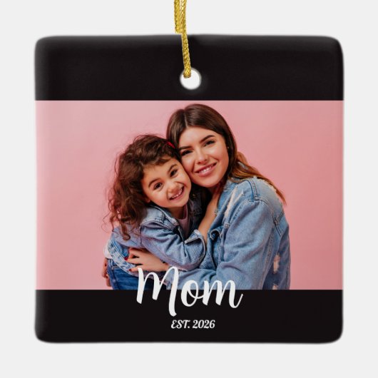 Moeder Gevestigd Zwart Wit Script Foto  Keramisch Ornament (Voorkant)