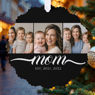 Moeder gevestigde script zwart 3 foto collage ornament kaart