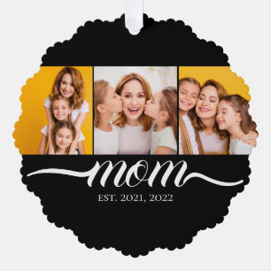 Moeder gevestigde script zwart 3 foto collage ornament kaart