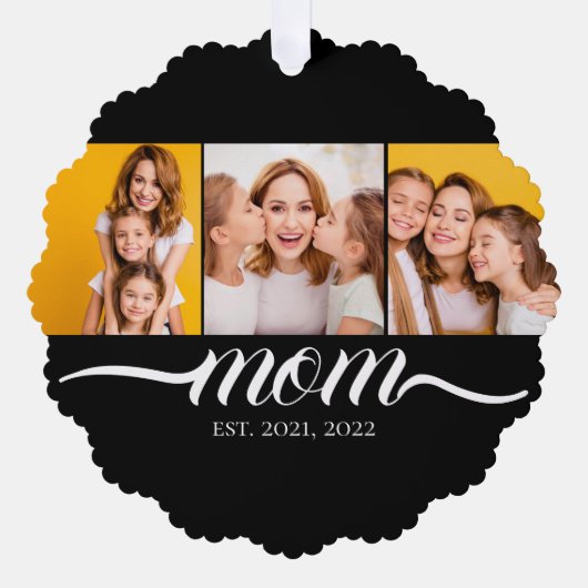 Moeder gevestigde script zwart 3 foto collage ornament kaart (Voorkant)
