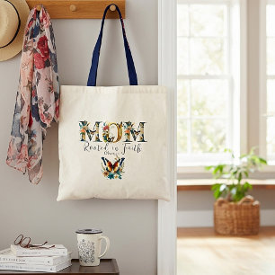 Moeder geworteld in geloof bloem vlinders tote bag