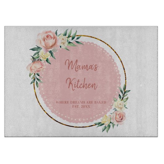 Moeder Gift Roze Goud Groen Bloemen Krans Blush Ro Snijplank (Voorkant)