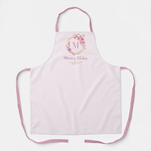 Moeder Gift Stoffig Roze Wildbloemen Goud Monogram Schort (Voorkant)