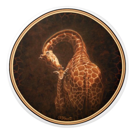 Moeder Giraffe en Baby Keramische Knop (Voorkant)