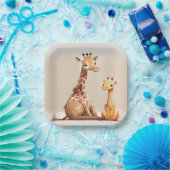 Moeder Giraffe met Baby in Waterverf Papieren Bordje (Feest)