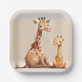 Moeder Giraffe met Baby in Waterverf Papieren Bordje