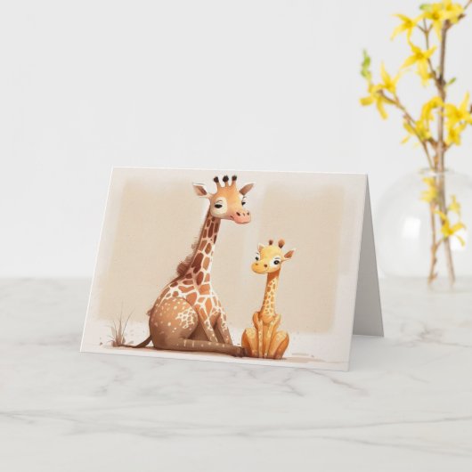 Moeder Giraffe met Baby Kaart (Gele Bloem)