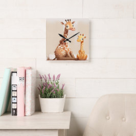 Moeder Giraffe met Baby Waterverf Vierkante Klok