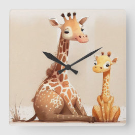 Moeder Giraffe met Baby Waterverf Vierkante Klok