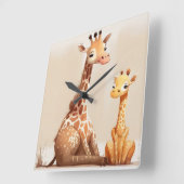 Moeder Giraffe met Baby Waterverf Vierkante Klok (Hoek)