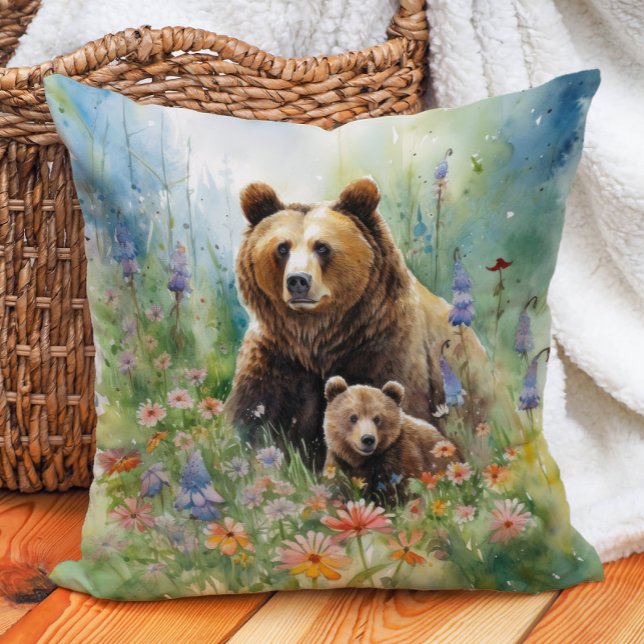 Moeder Grizzly Beer Cub Bloemen Schilderen Kussen (Mother grizzly bear and cub painting pillow)