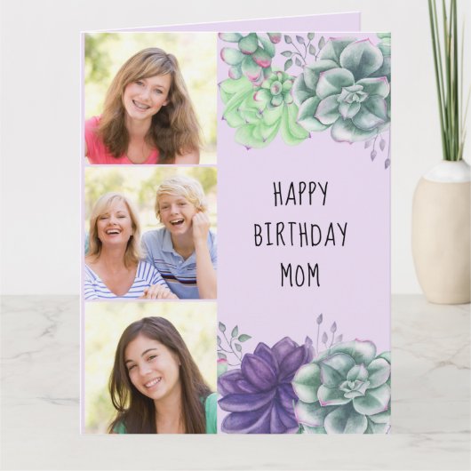 Moeder Groen en Paarse Succulenten 3 Foto Verjaard Kaart (Voorkant)