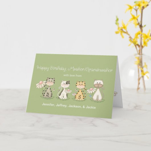 Moeder/grootmoeder Verjaardag 4 Katten - aangepast Kaart (Gele Bloem)