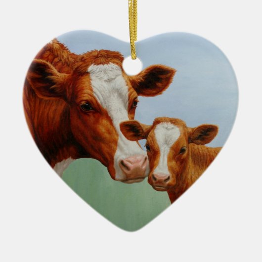Moeder Guernsey Koe en Cute Calf Keramisch Ornament (Voorkant)