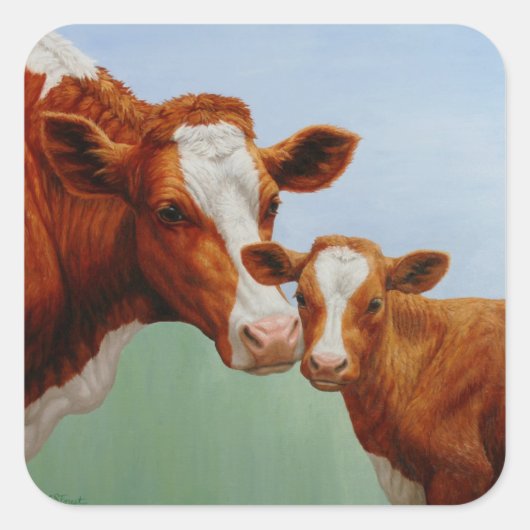 Moeder Guernsey Koe en Cute Calf Vierkante Sticker (Voorkant)