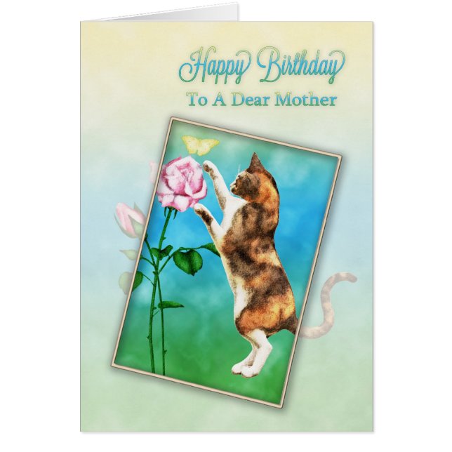 Moeder, Happy Birthday met een speelse kat (Voorkant)