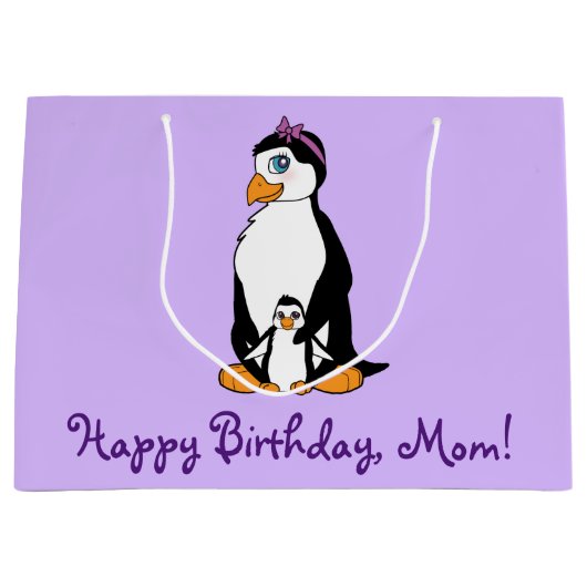 Moeder Happy Birthday Penguin en Chick Large Cadeautasje (Voorkant)